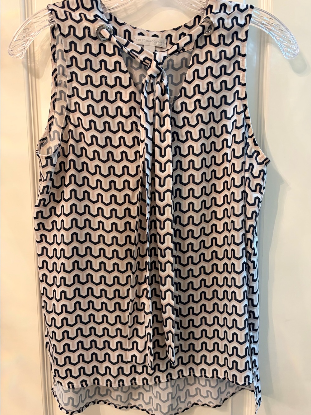 New York & Company Black, White & Tan Geometric Tie-Neck Top